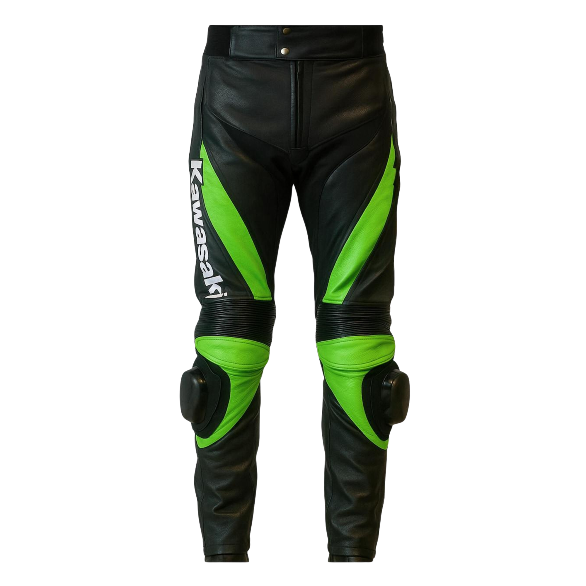 Men’s Kawasaki Racing Leather Motorcycle Pants Black Lime Green Knee Armor - view 2