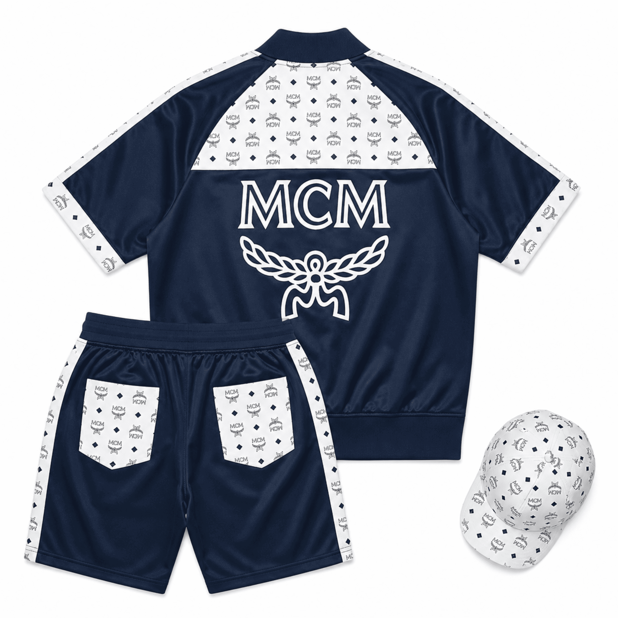 MCM Style Short Sleeve Leather Tracksuit Blue White Matching Shorts Set with Hat - image 2