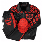 MCM Inspired Leather Tracksuit Set Black Red Leather Jacket Pants with Hat - image 1