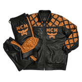 MCM Inspired Leather Tracksuit Set Black Brown Leather Jacket Pants with Hat - image 1