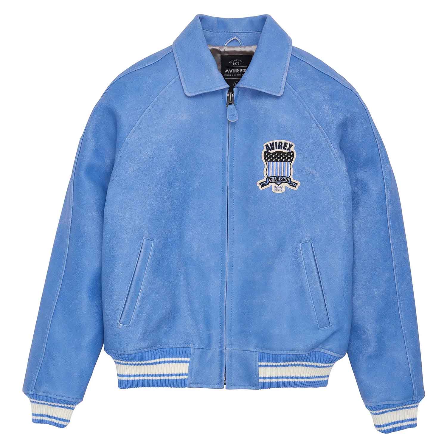 Men’s Avirex Leather Jacket Denim Blue Leather Bomber Jacket Iconic Style - image 1