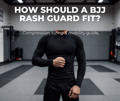 Grappler wearing a fitted black BJJ rash guard for a compression and sizing guide