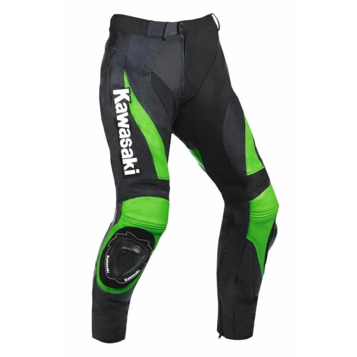Men’s Kawasaki Racing Leather Motorcycle Pants Black Lime Green Knee Armor