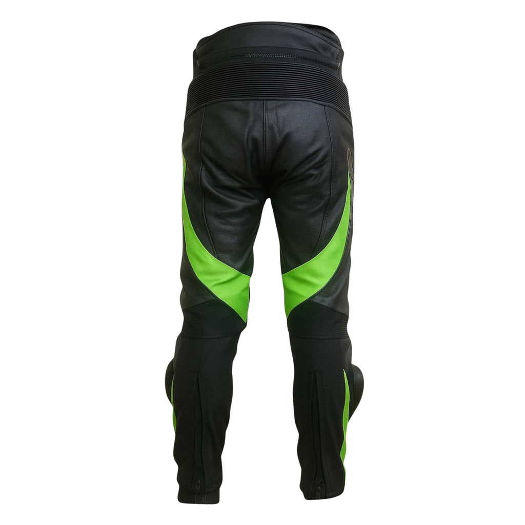 Men’s Kawasaki Racing Leather Motorcycle Pants Black Lime Green Knee Armor - view 3