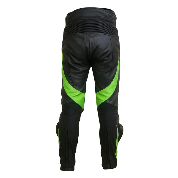Men’s Kawasaki Racing Leather Motorcycle Pants Black Lime Green Knee Armor - view 3