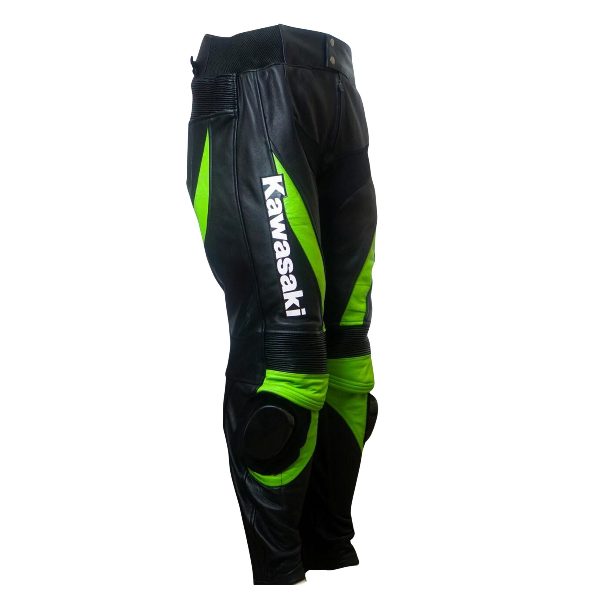 Men’s Kawasaki Racing Leather Motorcycle Pants Black Lime Green Knee Armor - view 4
