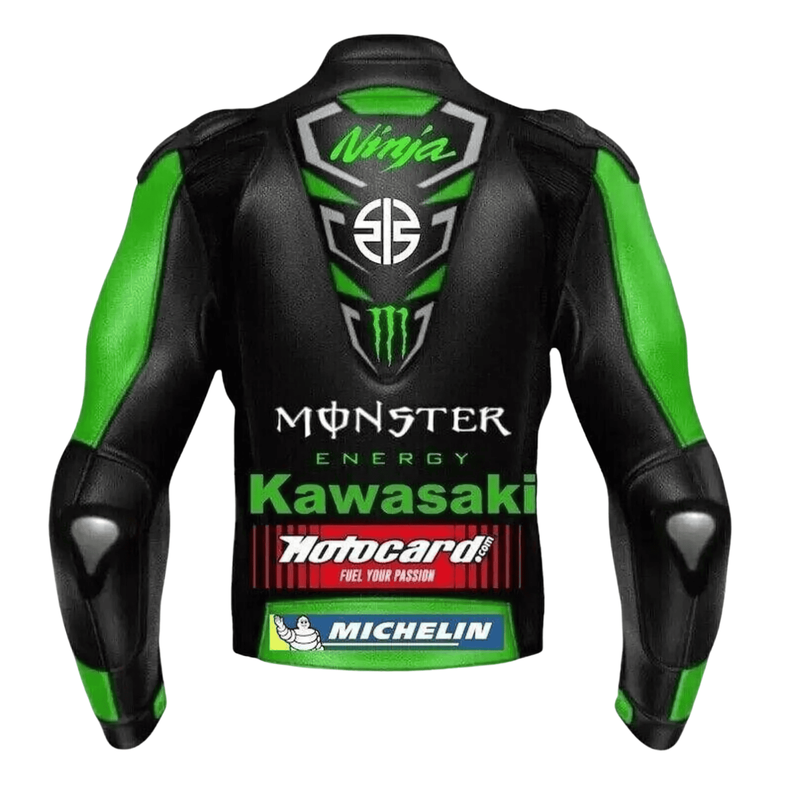 Kawasaki Ninja Monster Leather Motorcycle Jacket Green CE Armor Racing Biker Coat - view 2