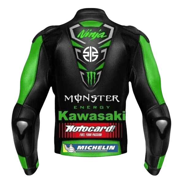 Kawasaki Ninja Monster Leather Motorcycle Jacket Green CE Armor Racing Biker Coat - view 2