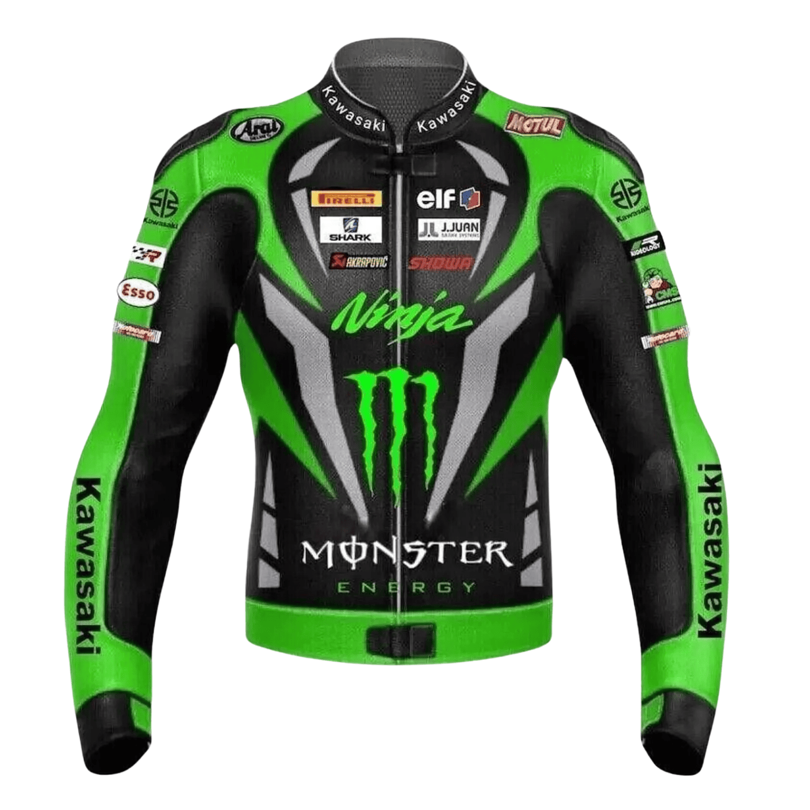 Kawasaki Ninja Monster Leather Motorcycle Jacket Green CE Armor Racing Biker Coat
