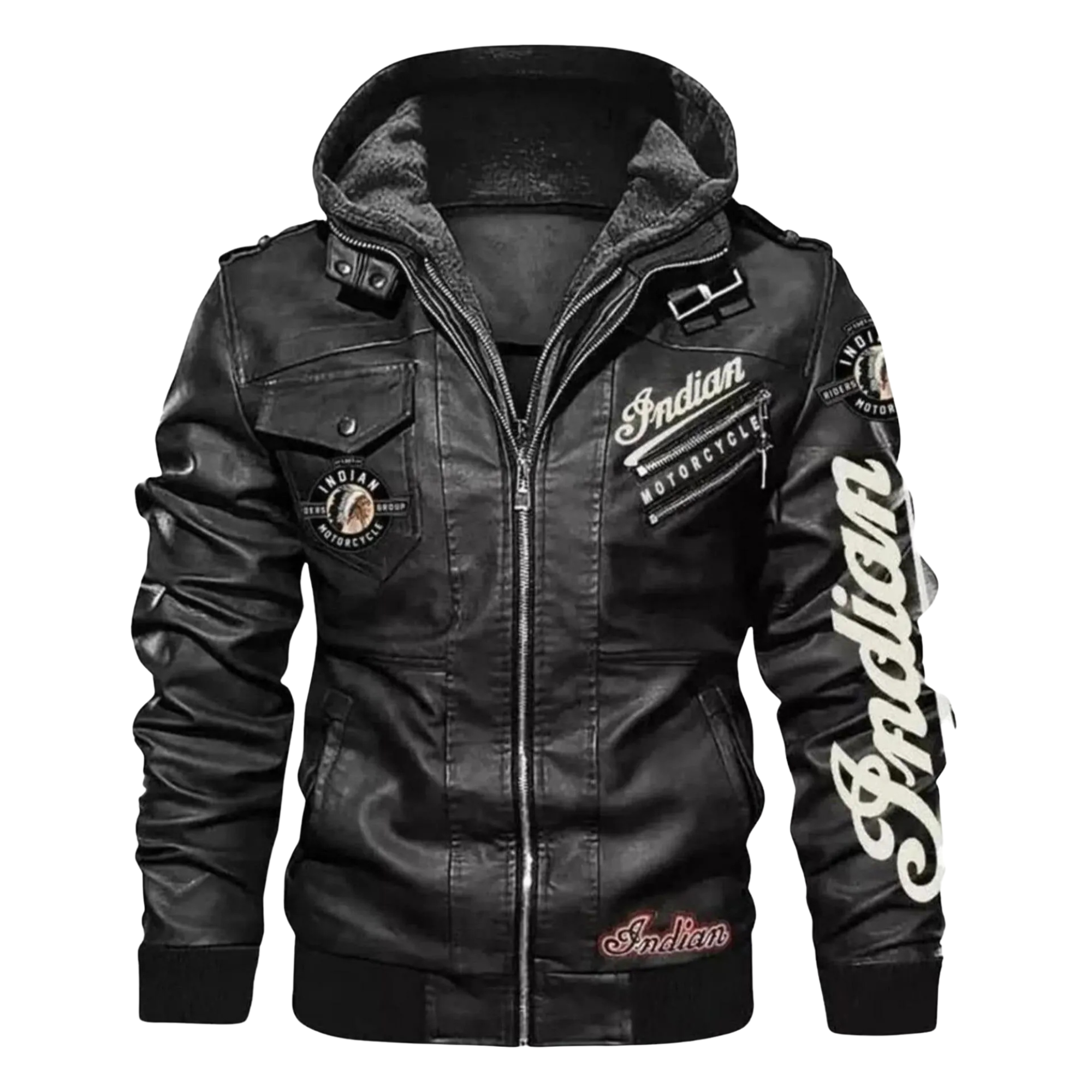 Indian Motorcycle Hooded Leather Biker Jacket Black Zip-Up Moto Coat - view 2