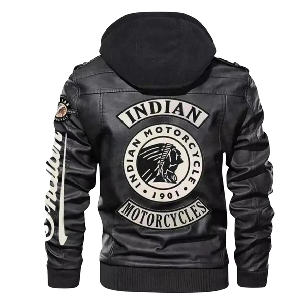 Indian Motorcycle Hooded Leather Biker Jacket Black Zip-Up Moto Coat - view 3