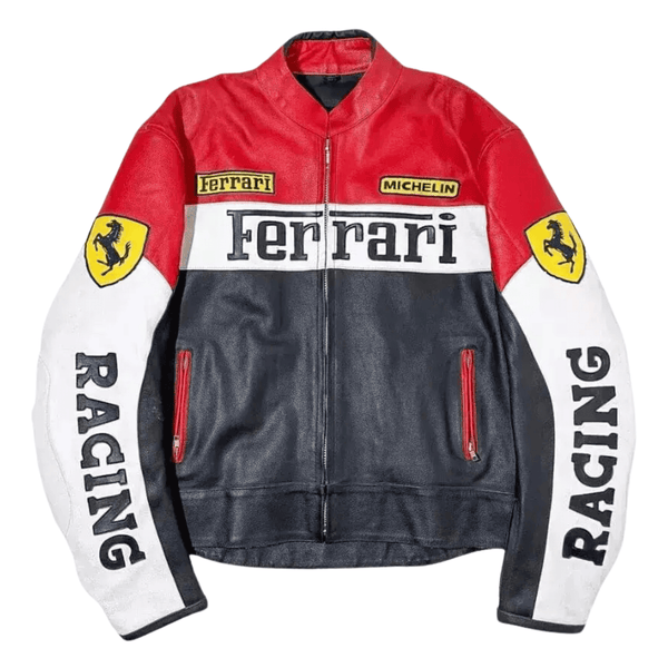 Men’s Ferrari F1 Racing Leather Jacket Red Moto Biker Jacket