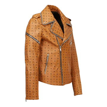 MCM Style Leather Jacket Cowhide Handmade Tan Biker Racing Jacket - view 2