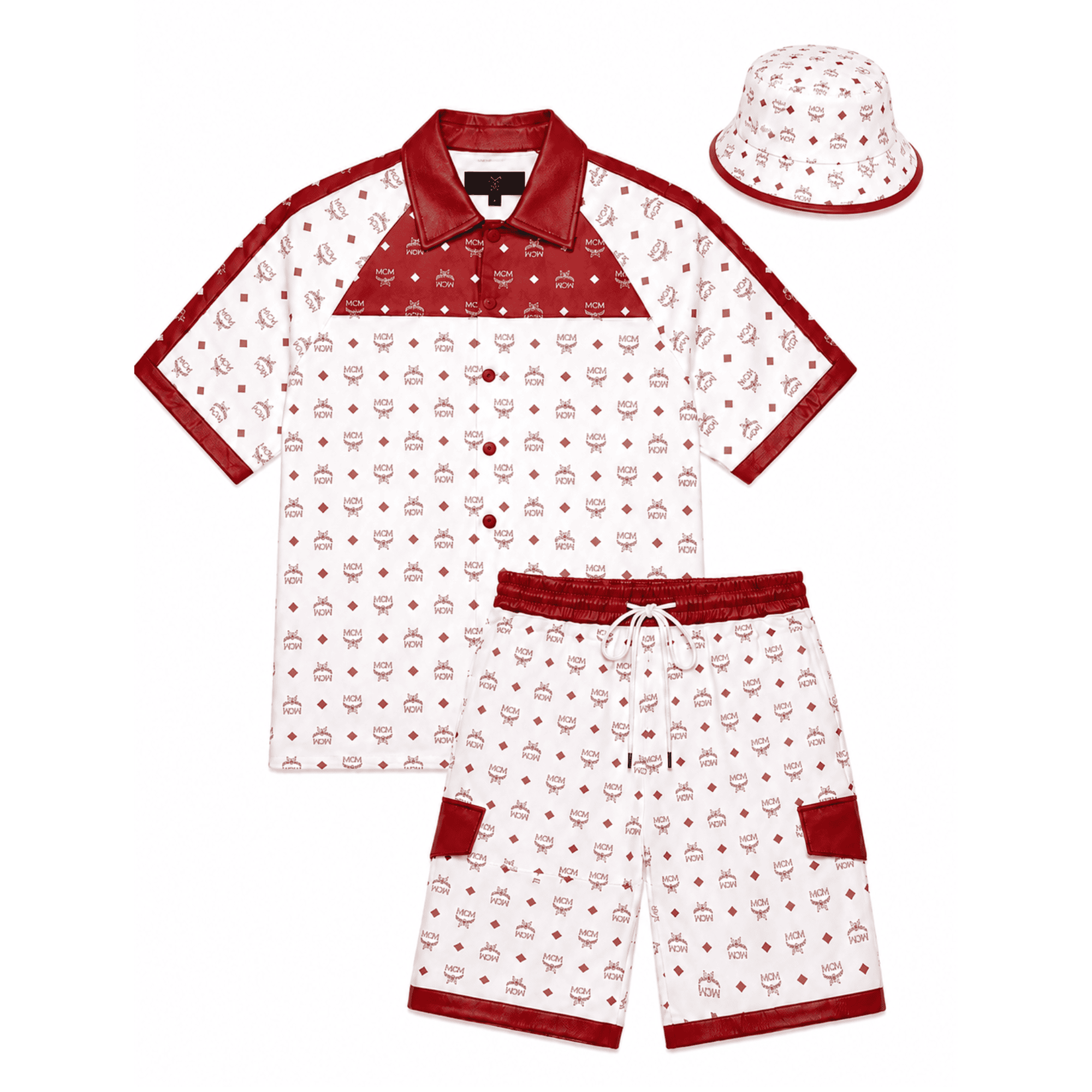 MCM Men’s Red White Monogram Tracksuit Leather T-shirt and Short with Hat - image 1