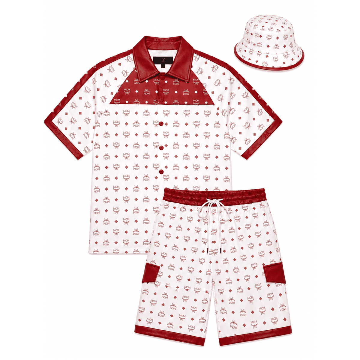 MCM Men’s Red White Monogram Tracksuit Leather T-shirt and Short with Hat - image 1 Main image