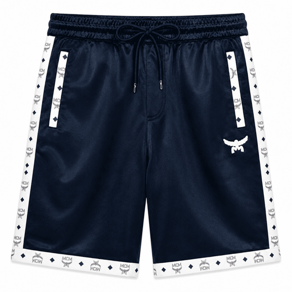 MCM Style Short Sleeve Leather Tracksuit Blue White Matching Shorts Set with Hat - image 4