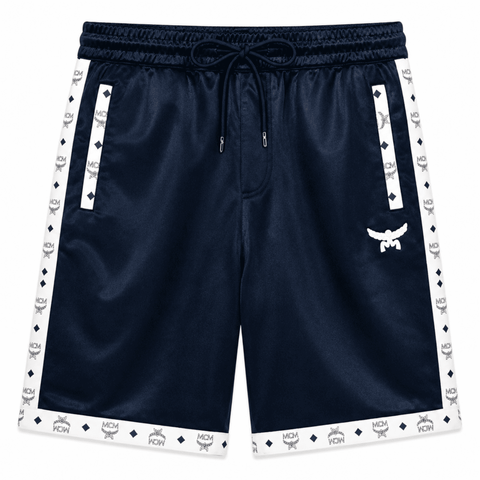 MCM Style Short Sleeve Leather Tracksuit Blue White Matching Shorts Set with Hat - image 4