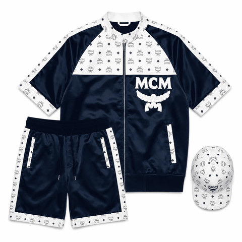 MCM Style Short Sleeve Leather Tracksuit Blue White Matching Shorts Set with Hat - image 1