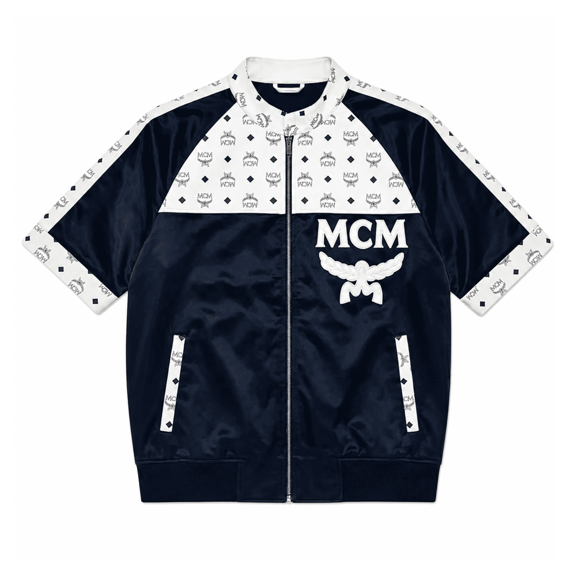 MCM Style Short Sleeve Leather Tracksuit Blue White Matching Shorts Set with Hat - image 3