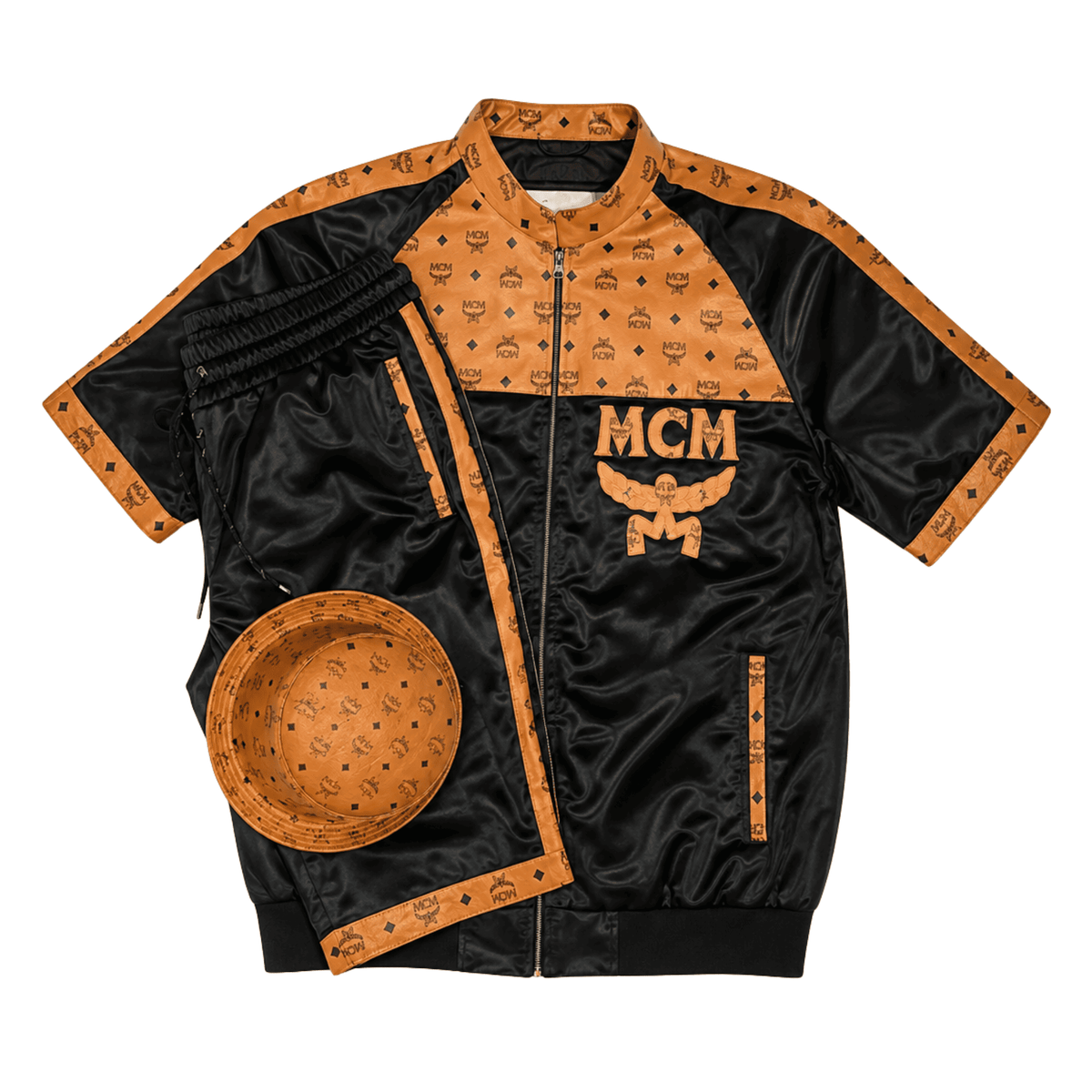 MCM Inspired Black Cognac Tracksuit Leather Jacket and Shorts Set - image 1 Main image