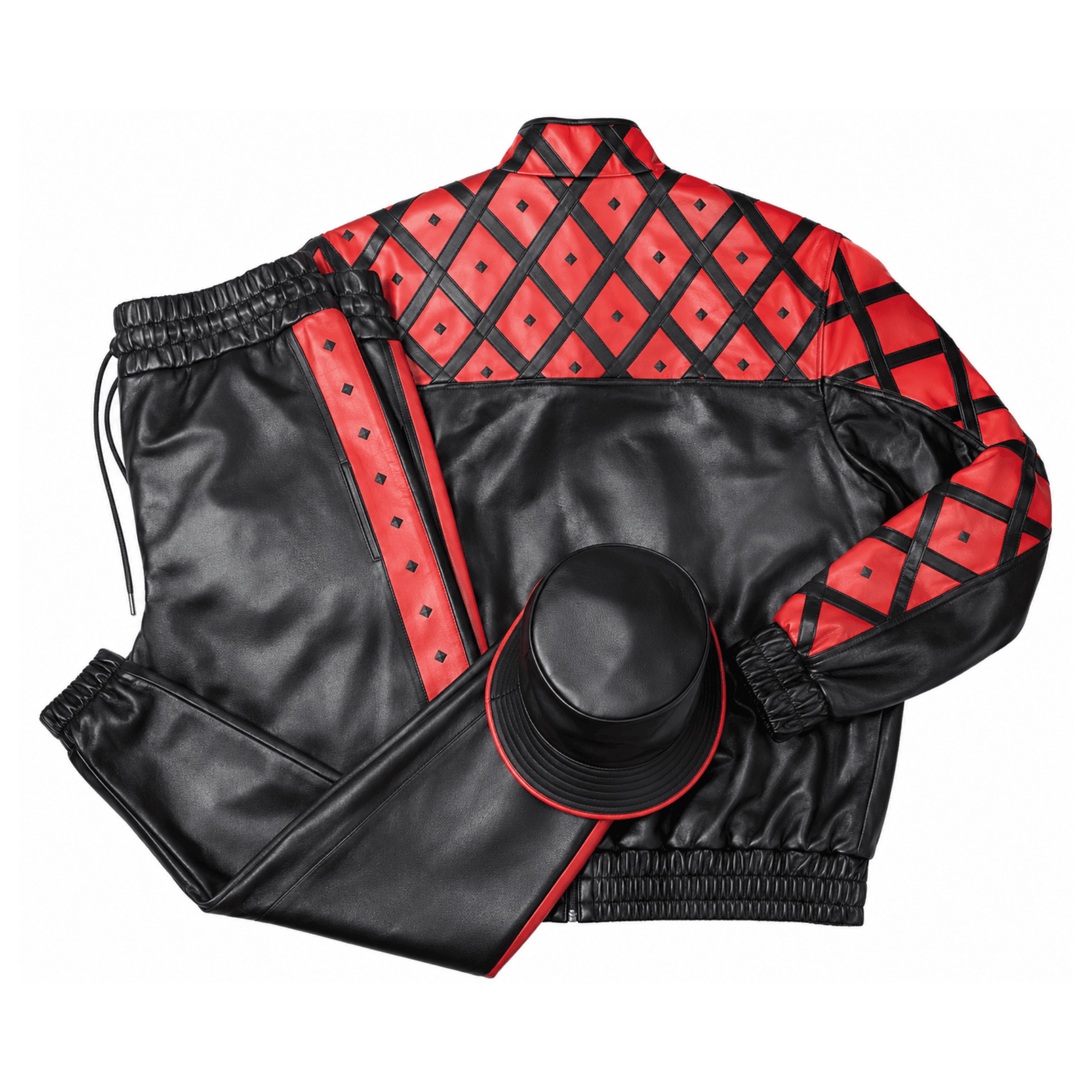 MCM Inspired Leather Tracksuit Set Black Red Leather Jacket Pants with Hat Secondary image