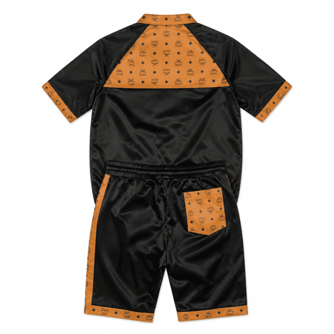 MCM Inspired Black Cognac Tracksuit Leather Jacket and Shorts Set - image 2