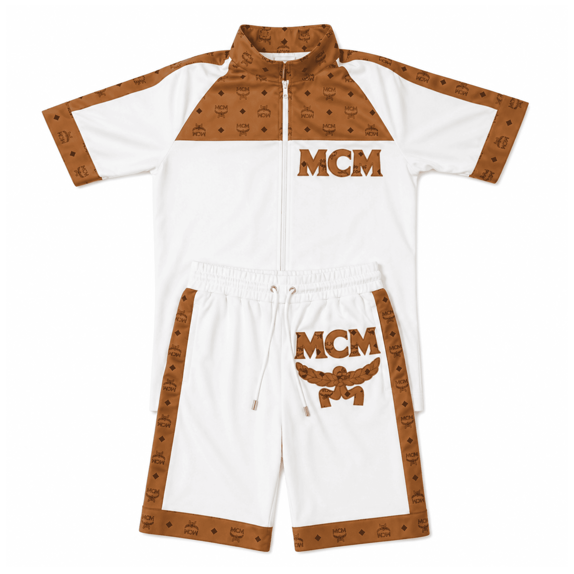 MCM Style Short Sleeve Leather Tracksuit White Brown Matching Shorts Set Secondary image