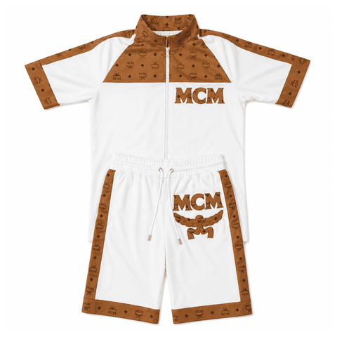 MCM Style Short Sleeve Leather Tracksuit White Brown Matching Shorts Set - image 2