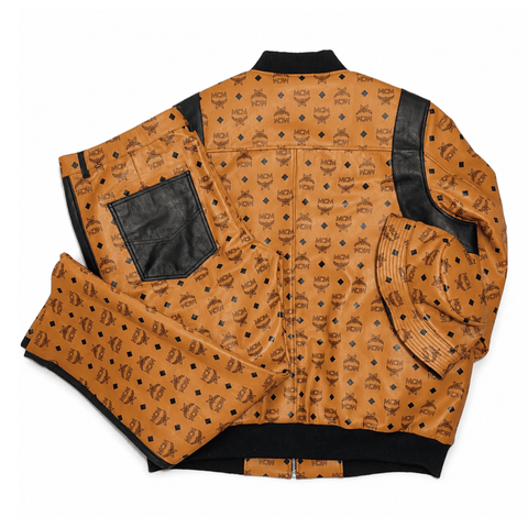 MCM Inspired Real Leather Tracksuit Black Cognac Signature Outfit with Leather Hat - image 2