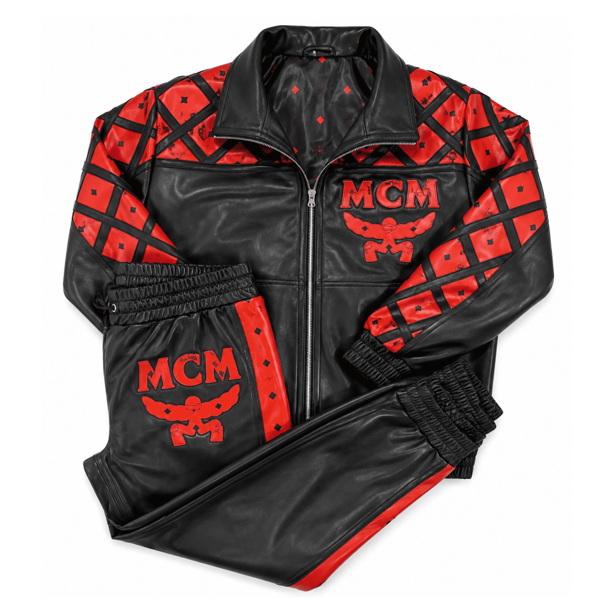 MCM Inspired Leather Tracksuit Set Black Red Leather Jacket Pants with Hat - image 3
