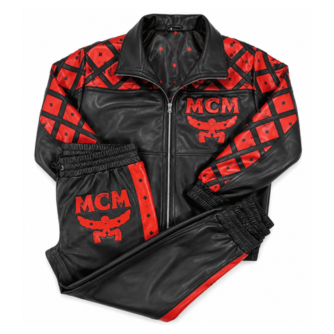 MCM Inspired Leather Tracksuit Set Black Red Leather Jacket Pants with Hat - image 3