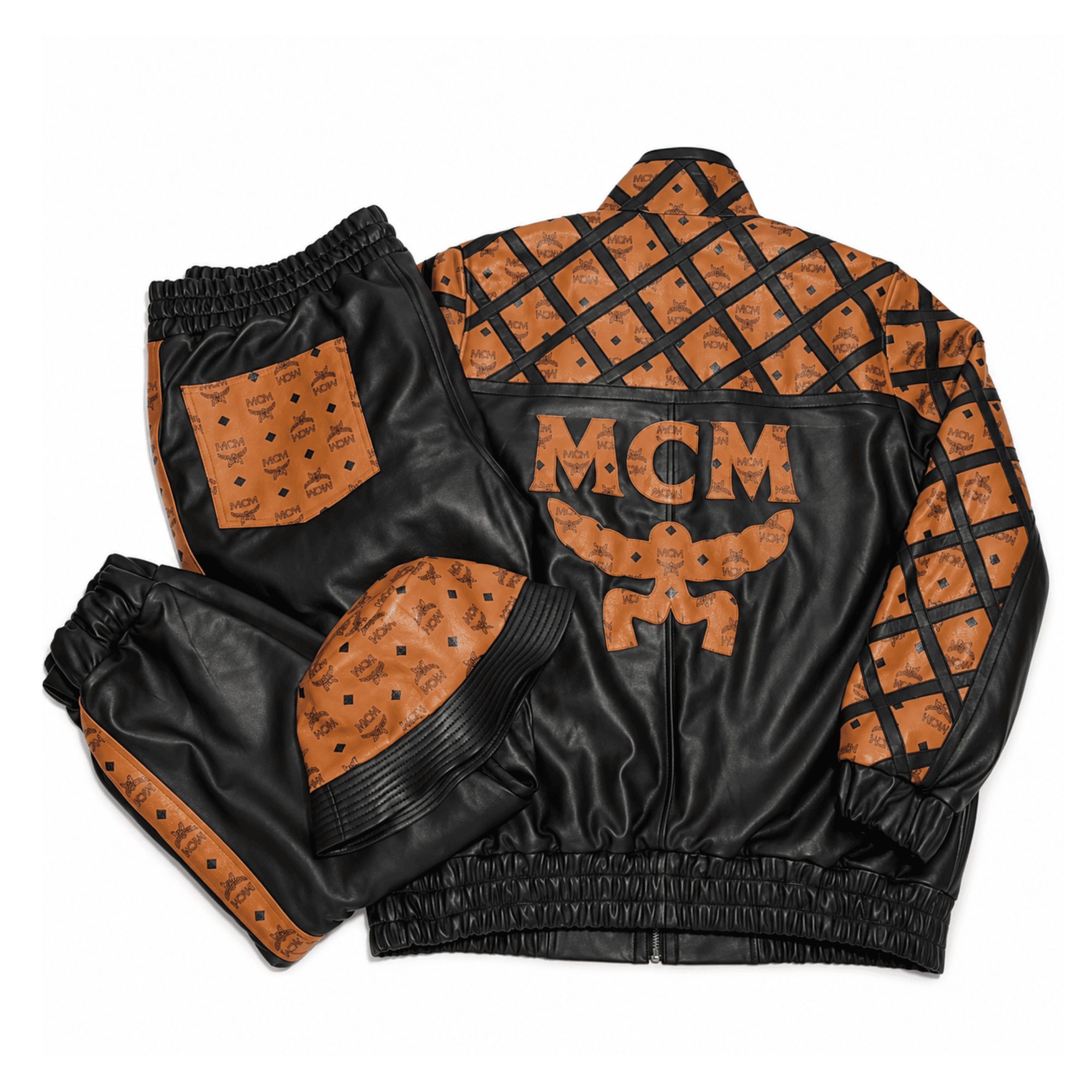 MCM Inspired Leather Tracksuit Set Black Brown Leather Jacket Pants with Hat Secondary image