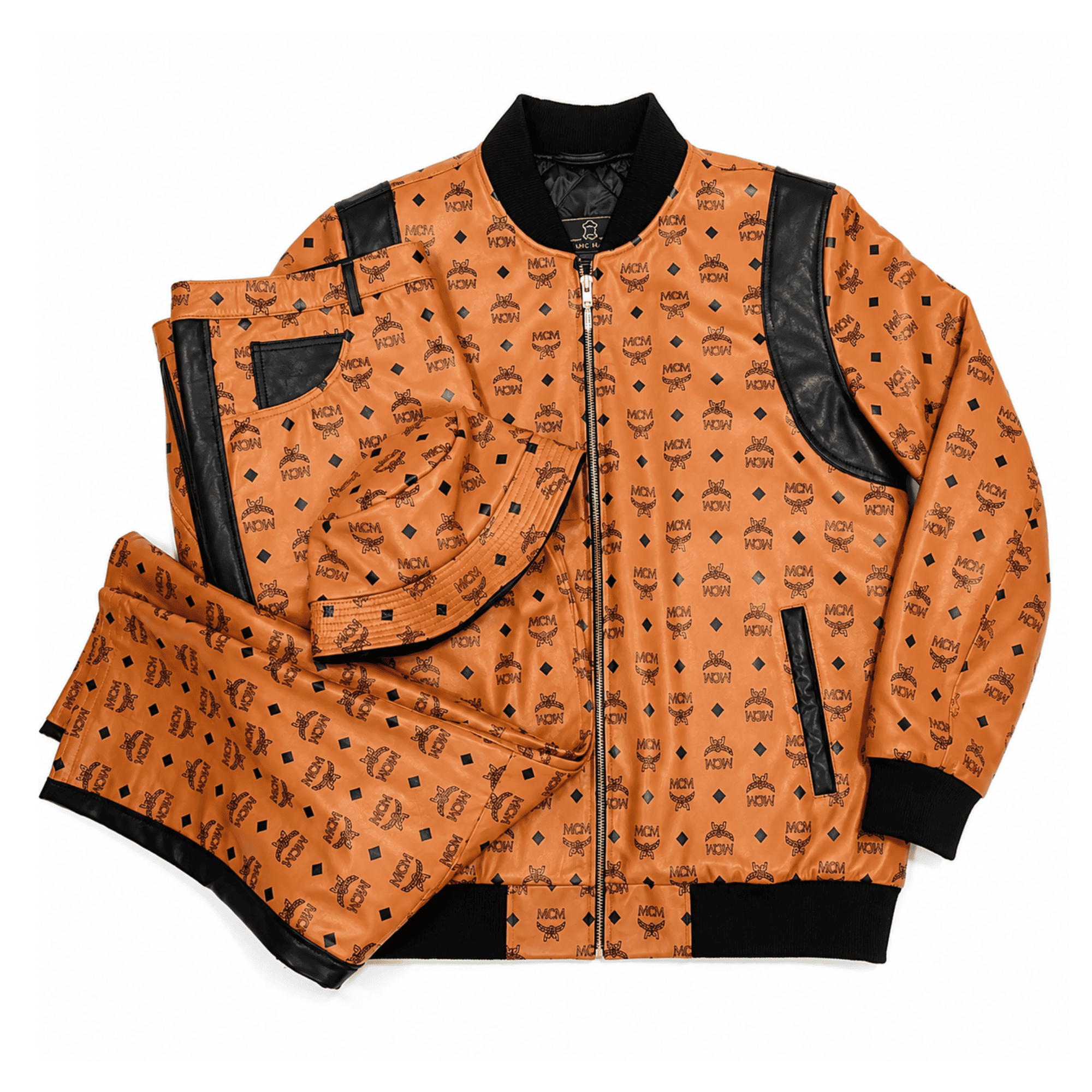 MCM Inspired Real Leather Tracksuit Black Cognac Signature Outfit with Leather Hat - image 1