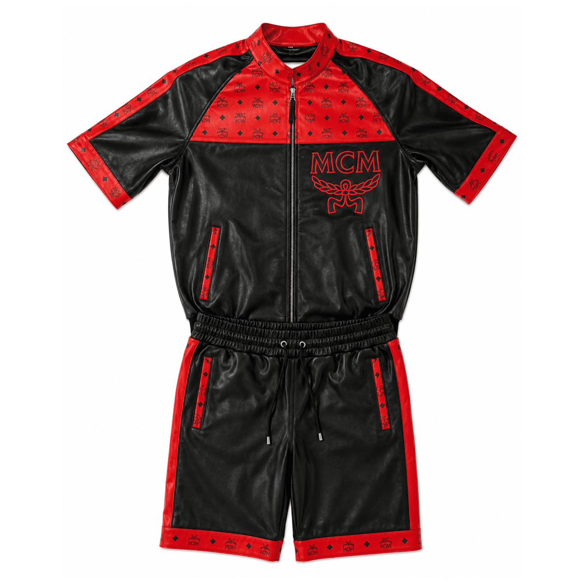 MCM Inspired Black Red Tracksuit Leather Jacket and Shorts Set - image 1