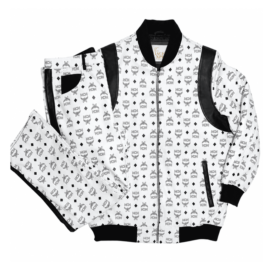 MCM Inspired Real Leather Tracksuit Black White Signature Outfit with Leather Hat - image 1