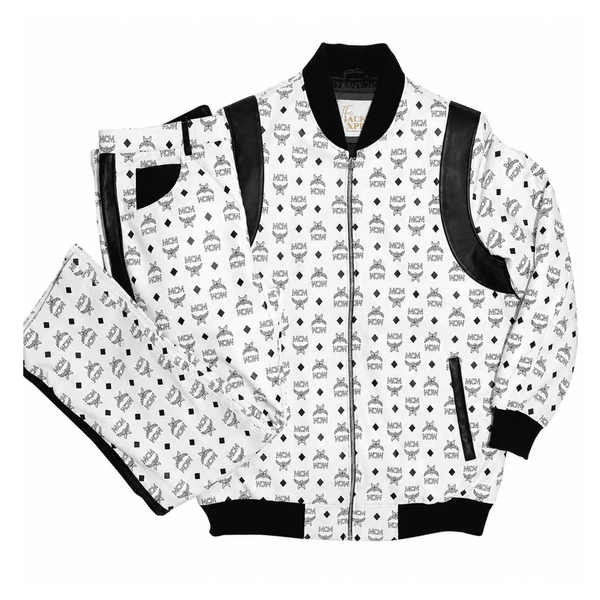 MCM Inspired Real Leather Tracksuit Black White Signature Outfit with Leather Hat - image 1