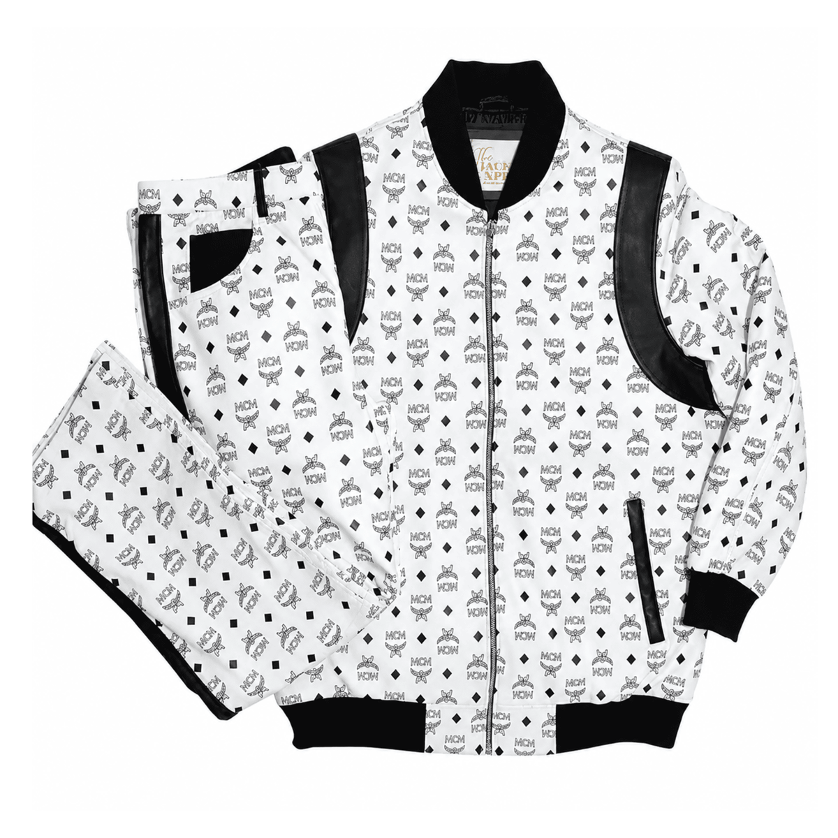MCM Inspired Real Leather Tracksuit Black White Signature Outfit with Leather Hat - image 1
