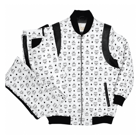 MCM Inspired Real Leather Tracksuit Black White Signature Outfit with Leather Hat - image 1