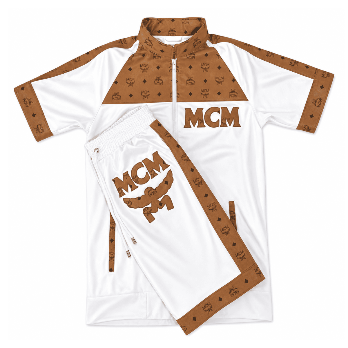 MCM Style Short Sleeve Leather Tracksuit White Brown Matching Shorts Set - image 1 Main image