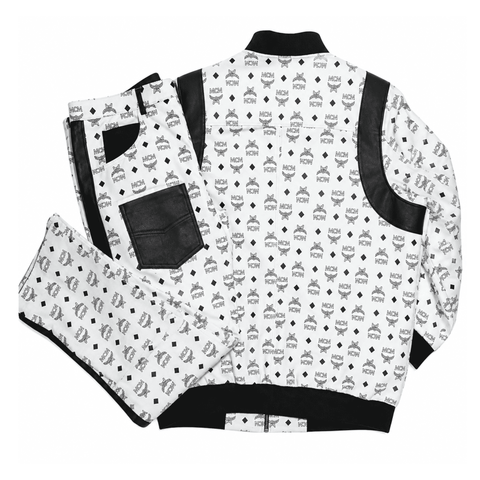 MCM Inspired Real Leather Tracksuit Black White Signature Outfit with Leather Hat - image 2