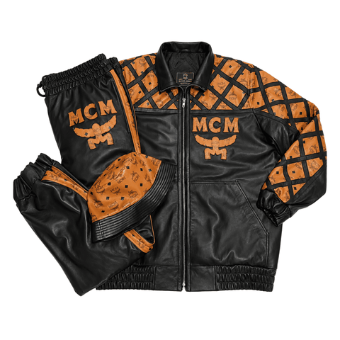 MCM Inspired Leather Tracksuit Set Black Brown Leather Jacket Pants with Hat - image 1