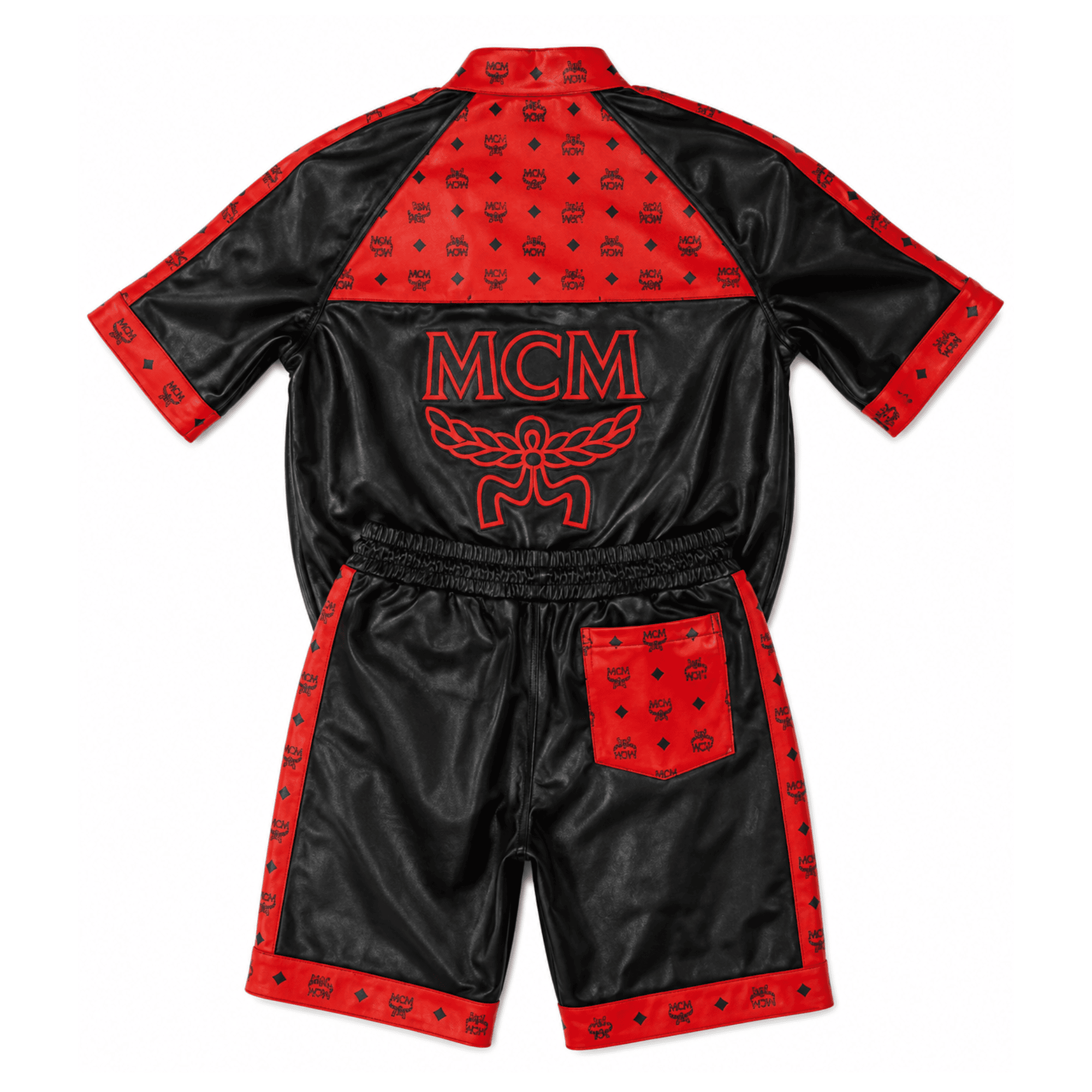 MCM Inspired Black Red Tracksuit Leather Jacket and Shorts Set Secondary image
