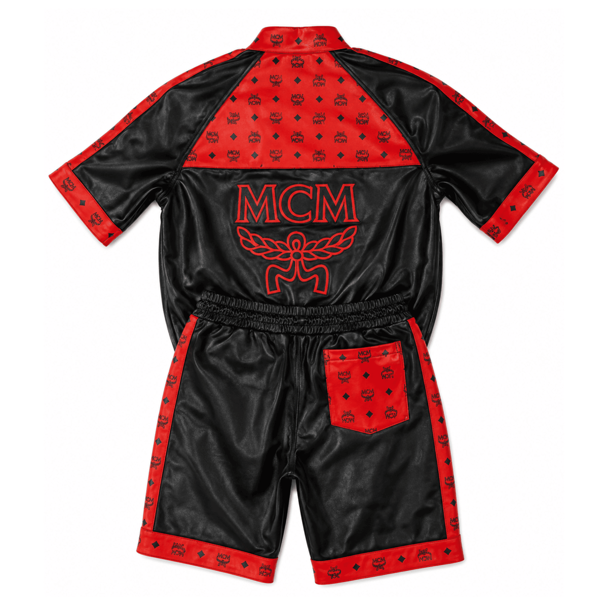 MCM Inspired Black Red Tracksuit Leather Jacket and Shorts Set - image 2