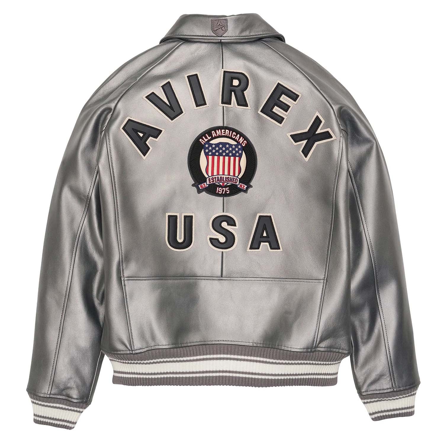 Men’s Avirex Handcrafted Metallic Silver Leather Bomber Jacket  Iconic Flight Style Secondary image
